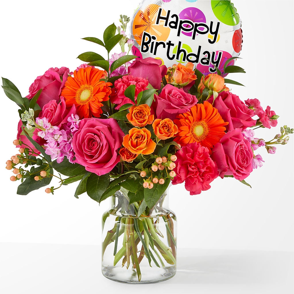 Fiesta Bouquet with Birthday Balloon – Colonial Floral Fascinations, Georgetown SC