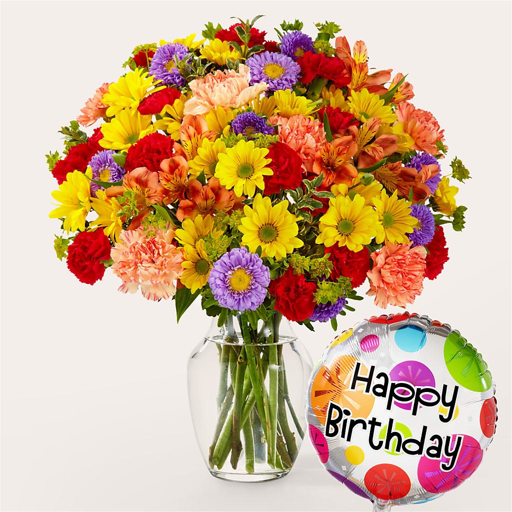 Kaleidoscope Bouquet with Birthday Balloon – Colonial Floral Fascinations, Georgetown SC